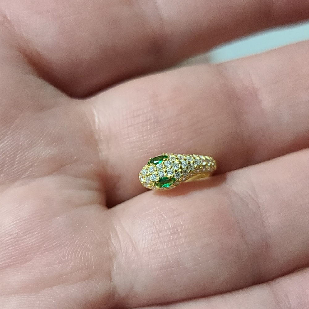 🐍Serpent Snake Hoop Stacking 925 Sterling Silver Yellow Gold Green Zircon Pave - Picture 13 of 16